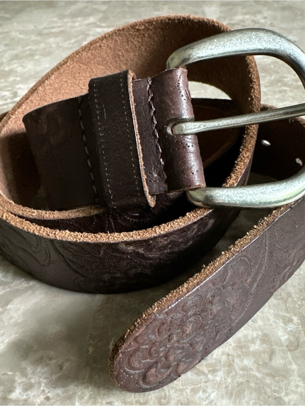 Fossil Belt Brown Genuine Leather Women's Size L Embossed Floral Made In India - Picture 12 of 12